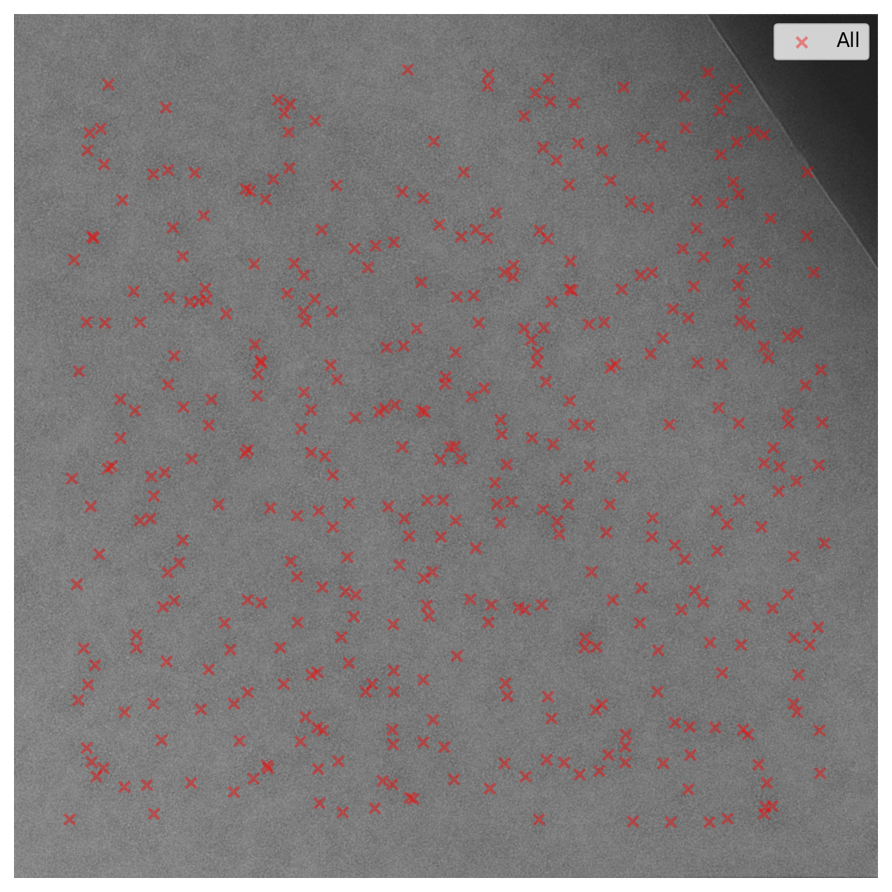 Distribution of identified peaks in the micrograph